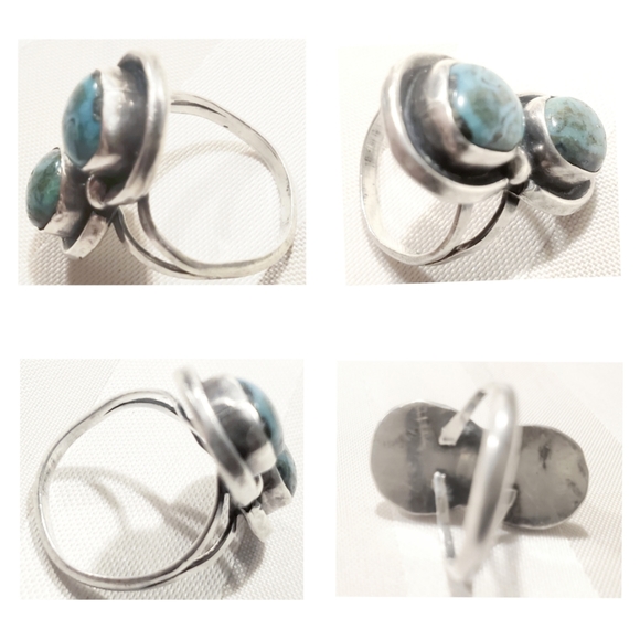 Vtg Navajo Double Nugget Turquoise Statement Ring 925 Sterling Silver Sz 7 - Picture 8 of 16